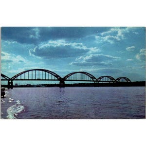 Cartolina d'epoca del ponte del centenario, fiume Mississippi al tramonto, Rock Island, Illinois