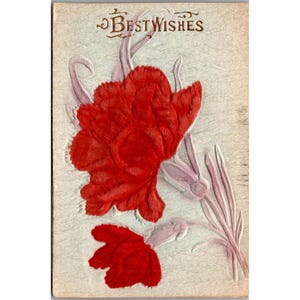 Vintage Embossed Postcard With Red Flowers & "Best Wishes" Text