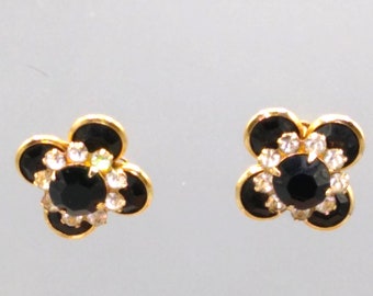 Vintage Monet Bezel Set Crystal Flower Earrings, Black and White in Gold Tone Setting, Stud Earrings