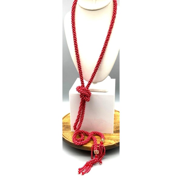Crocheted Seed Pearls Rope Lariat, Elegant Flapper Sautoir, Vintage Necklace with Cranberry Faux Pearls and Tassel Open Ends