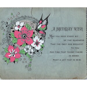 Cartão de aniversário floral vintage colorido à mão com design de borboleta