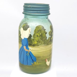 Vintage Hand Painted Girl in Bonnet with Chickens Ball Perfect Mason Jar #1 Blue