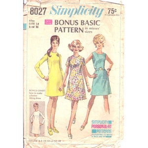 Vintage Sewing PATTERN Simplicity 8027, Misses 1968 Bonus Basic A-Line Dress, Size 14