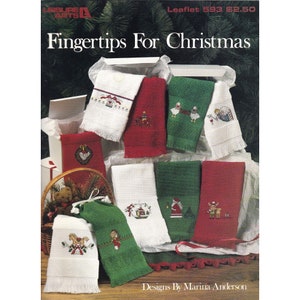 Wzory do haftu krzyżykowego Vintage, Fingertips for Christmas autorstwa Marina Anderson, Ulotka Leisure Arts 593, Broszura do robótek ręcznych 1988