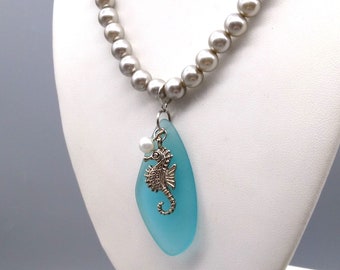 Vintage Grey Faux Pearl Necklace with Soothing Blue Sea Glass Pendant and Seahorse Charm, Fun Vacay Jewelry