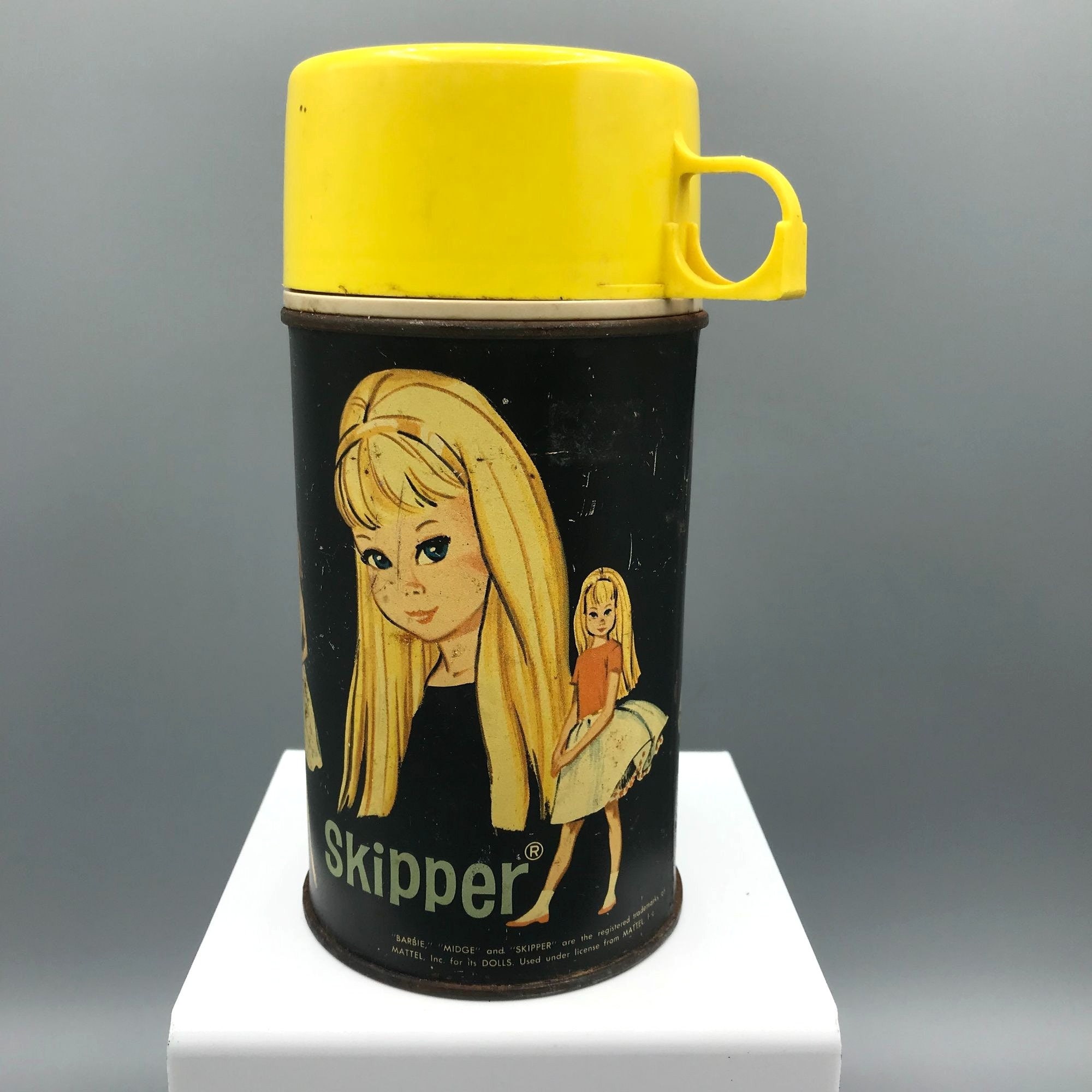 Vintage 1965 Black Thermos with Barbie Midge and Skipper Complete Very Good  Co
