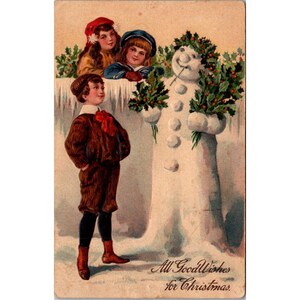 Antike 1908 Weihnachtspostkarte mit Schneemann-Szene & Kindern gedruckt in Deutschland