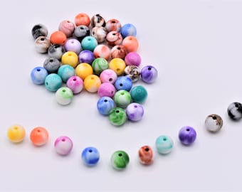 50 - 100 Acryl Perlen rund 10 mm bunt gemustert Acrylperlen Basteln 10 Farben Mix Neu
