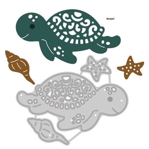 Könnte beinhalten: Ein Set aus Metallmatrizen zum Basteln, bestehend aus einer Schildkröte, zwei Muscheln und zwei Seesternen. Die Schildkrötenmatrix ist mit einer gemusterten Schale detailliert und hat einen durchgehenden Umriss. Die Muschel- und Seesternmatrizen sind ebenfalls mit Mustern verziert.