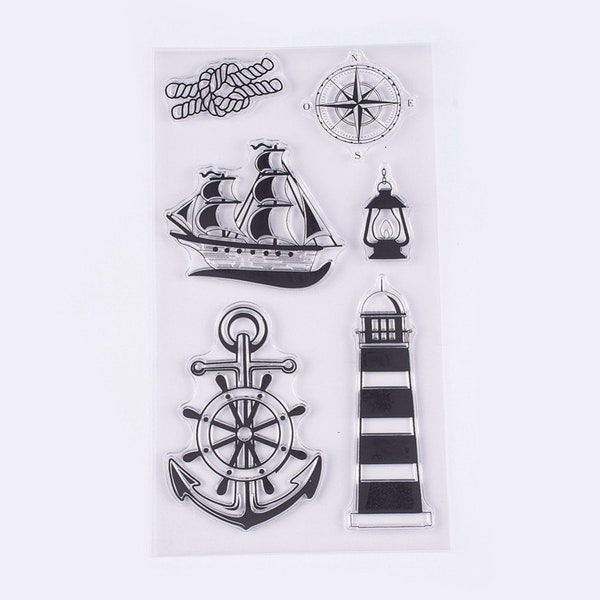 Stempel Set Clear Stamp Maritim Anker, Leuchtturm, Schiff, Kompass basteln Planer Kartenherstellung