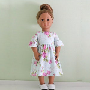 Handmade 18 Inch Doll Rose Print Bell Sleeve Summer Dress - Doll Clothing - American Made 18 Inch Doll Clothes - Bell Sleeves - Floral Dress