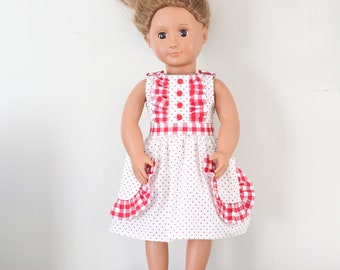 Gingham Puppenkleid, Polka Dots Puppenkleid, handgemachte Puppenkleidung, 18 "Puppe Polka Dot Kleid, rotes Vichykaro, Puppenkleid Sommerkleid