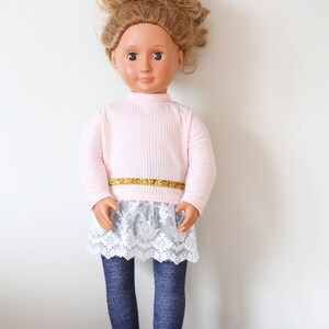 Pink Doll Top, Lace Doll Top, Handmade Doll Clothes, 18&quot; Doll Pink Top, Doll Bottoms, Doll Leggings, Blush, Lace, Leggings, Embellishment