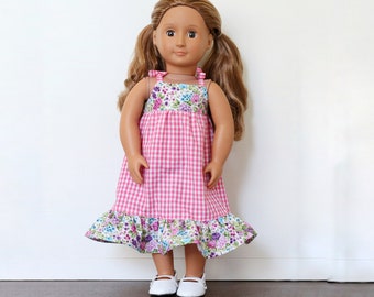 Handmade Doll Dress, Pink Gingham Doll Dress, Handmade Doll Clothes, 18" Doll Dress, Pink Summer Dress, American Made, Floral Doll Dress