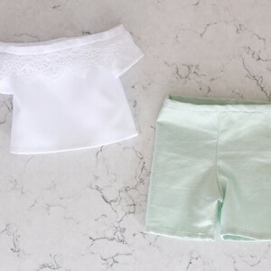 White Doll Top & Shorts,Doll Outfit,Handmade Doll Clothes,18&quot; Doll Outfit Set,Off Shoulder Doll Blouse,Mint Doll Shorts, 18 inch Doll Outfit