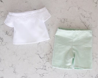 Witte poppentop en short, poppenoutfit, handgemaakte poppenkleertjes, 18-inch pop-outfitset, off-shoulder poppenblouse, mint-pop shorts, 18-inch pop-outfit