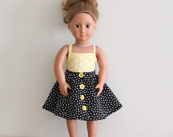 Polka Dot Puppenrock, Gelbes Blümchen Puppen Top, 2 teiliges Puppen Outfit, 18 "Puppen Outfit, Puppenrock, Puppen Top, Polka Dots, Kunstknöpfe