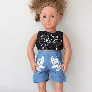 Lace Doll Top, Cropped Doll Top, Doll Shorts, 18&quot; Doll Clothing Set, Black Lace Doll Top, Black Lace, Embellished Doll Shorts, Doll Bottoms