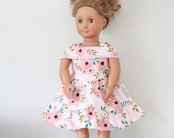 Floral Doll Dress, Pink Doll Dress, Handmade Doll Clothes, 18" Doll Floral Dress, Spring Doll Dress, Off-shoulder Doll Dress, Florals,