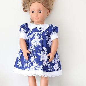Floral Doll Dress, Blue Doll Dress, Handmade Doll Dress, 18&quot; Doll Dress, Smocked Doll Dress, Pleated Doll Dress, Broach, Lace Doll Dress