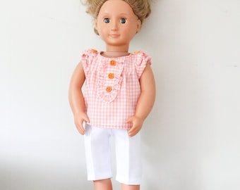 Oranje poptopje, poppenblouse, poptop van 18 inch, witte korte broek pop, witte pop-capri's, korte broek pop, gingham-topje, 18" korte broek pop, poppenkleding