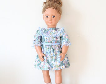 Floral Doll Dress, Doll Dress, Handmade Doll Clothes, 18" Doll Floral Dress, Spring Doll Dress, Florals, Spring Dress, Blue Lace Dress, Belt