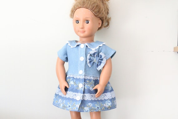 Denim Doll Dress, Bow Doll Dress, Handmade Doll Clothes, 18" Doll Dress, Bow Dress, Floral Dress, Floral, Bows, 18 Inch Doll Denim Dress,
