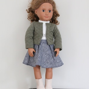 Faux Tweed Doll Skirt, Doll Skirt, Doll Jacket, 3 piece Doll Outfit, 18&quot; Doll Outfit, Doll Bottoms, Doll White Top, Fall Outfit, Dark Green