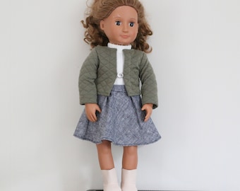 Faux Tweed Doll Skirt, Doll Skirt, Doll Jacket, 3 piece Doll Outfit, 18" Doll Outfit, Doll Bottoms, Doll White Top, Fall Outfit, Dark Green