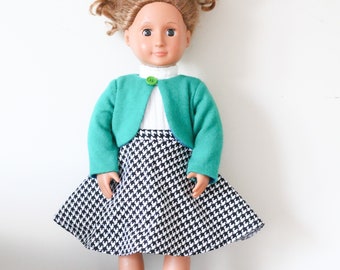 Green Doll Cardigan, Doll Blazer, Handmade Doll Clothes, 18" Doll Skirt, Doll Skirt, Houndstooth, Houndstooth Skirt, Doll Turtleneck, Outfit