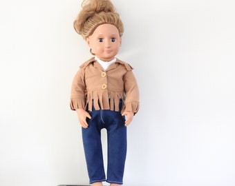 Doll Jeans, Suede Cowgirl Doll Jacket, Doll Suede Jacket, 18" Doll Jacket, 18" Doll Outfit, Doll Bottoms, Doll Soft Jeans, White Doll Top