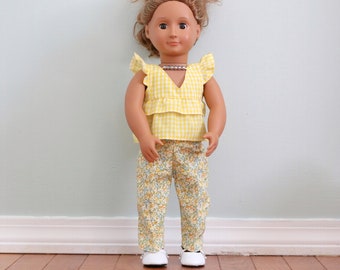 Gelbes Puppenoberteil, Vichykaro, handgefertigte Puppenkleidung, 18-Zoll-Puppe, gelbes Oberteil, Blumenpuppenhose, Puppenunterteil, gelbe Puppenbluse, Vichykaro