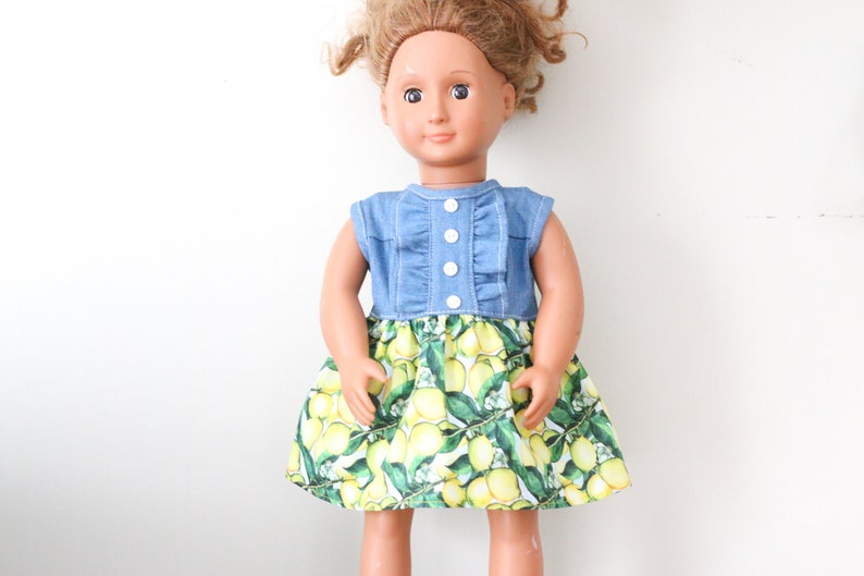 Summer Doll Dress Lemons Denim Denim Doll Sundress Lemon Doll Dress Handmade Doll Clothes 18 Doll Denim Dress Denim Doll Dress