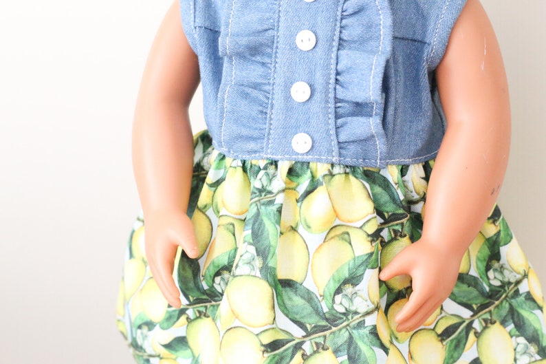Summer Doll Dress Lemons Denim Denim Doll Sundress Lemon Doll Dress Handmade Doll Clothes 18 Doll Denim Dress Denim Doll Dress