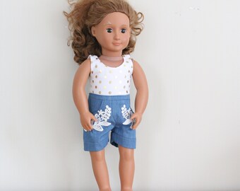 Doll Shorts, Polka Dot Doll Top, Handmade Doll Clothes, 18" Doll Clothing Set, Doll Jean Shorts, Embroidered Doll Shorts, Polka Dots, Lace