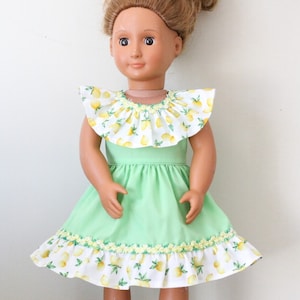 Green Doll Dress, Ruffle Doll Dress, Handmade Doll Dress, 18" Doll Dress, Summer Doll Dress, Lemon Doll Dress, Lemon Dress, Ruffles, Lemons