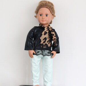 Black Lace Doll Top, Lace Doll Blouse, Handmade Doll Clothes, 18&quot; Doll Blouse, Doll Pants, Mint Doll Pants, Mint Pants, Doll Scarf, Leopard