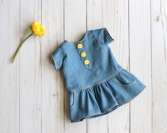 Handmade Doll Dress, Denim Doll Dress, Handmade Doll Clothes, 18" Doll Dress, Blue Denim Dress, American Made, Doll Dress with Pockets