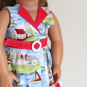 Belted Doll Dress, Doll Dress, Handmade Doll Clothes, 18" Doll Dress, Summer Doll Dress, American Made, Sailboats Doll Dress, Belt Buckle