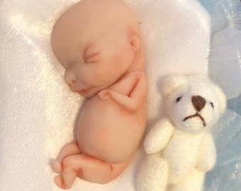 Angel Baby 12 week Gestation Fetus Asleep on a Bed of Blue and White Petals - Foetus Miscarriage Pregnancy Loss