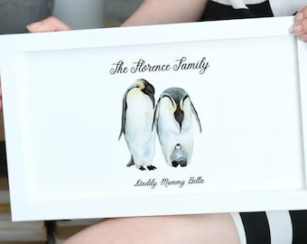 A4 Personalised Penguin Family Print, Custom Name Watercolour Wall Art Decoration