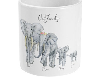 Personalized African Elephant Family Mug, Custom Printed Family Name Portrait