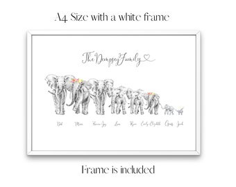 Framed A4 Print Custom Family Portrait Of African Elephants With Flowers in hair - A4 Size Personalised Names