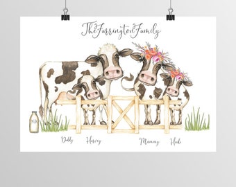 Digital Download 8x10 Inch Personalized Cow Family Names Watercolour Wall Art Decoration