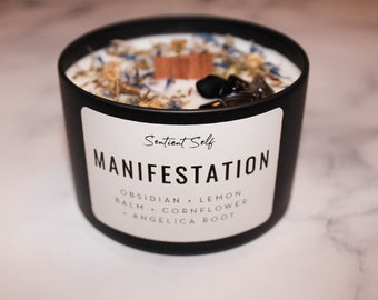 Manifestation Herbal Intention candle | Scented Intention Candle | Intention Candle With Crystals | Crystal Infused Candle | Gift for her