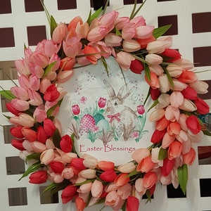 Easter Tulip Wreath, Spring Wreath, Pink Tulip Wreath, Easter Bunny Wreath, Slim Door Wreath, Spring Decor, Easter Decoration
