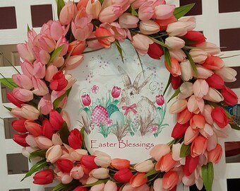 Easter Tulip Wreath, Spring Wreath, Pink Tulip Wreath, Easter Bunny Wreath, Slim Door Wreath, Spring Decor, Easter Decoration
