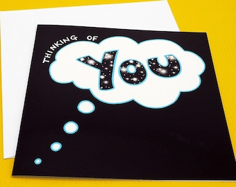 Thinking of You Greeting Card, High Gloss 12x12cm square black card, blank. Get Well Soon, Bereavement, Friendship Cards