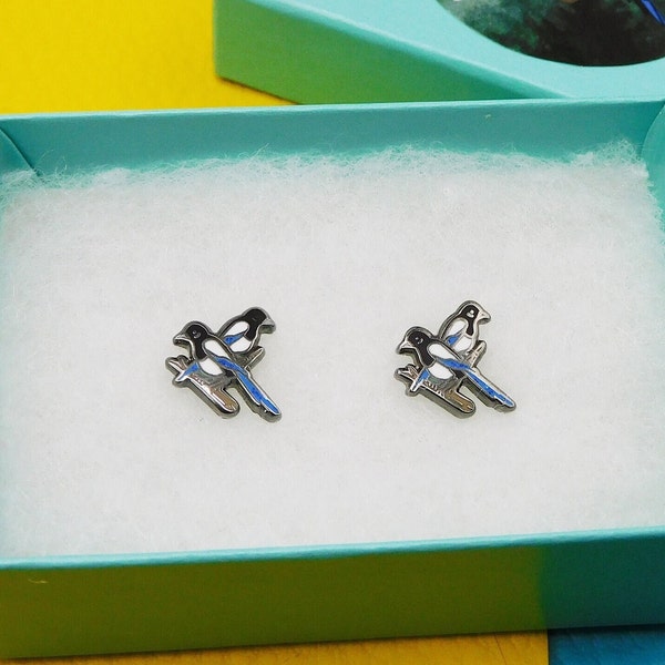 Magpies Two For Joy Earrings, Enamel Stud Earrings, good luck present, joyful xmas gift, Bird studs, pretty stud earrings