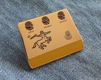 Klon Centaur Gold Guitar Pedal Pin Badge, gold metal colour, hard enamel pin badge